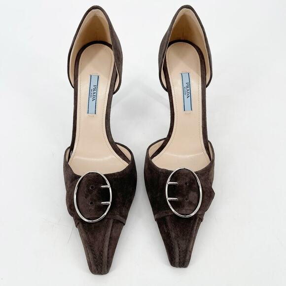 Prada IT 40 Graphite Suede D’Orsay Pumps with Oversized Buckle New with Box - Picture 6 of 13